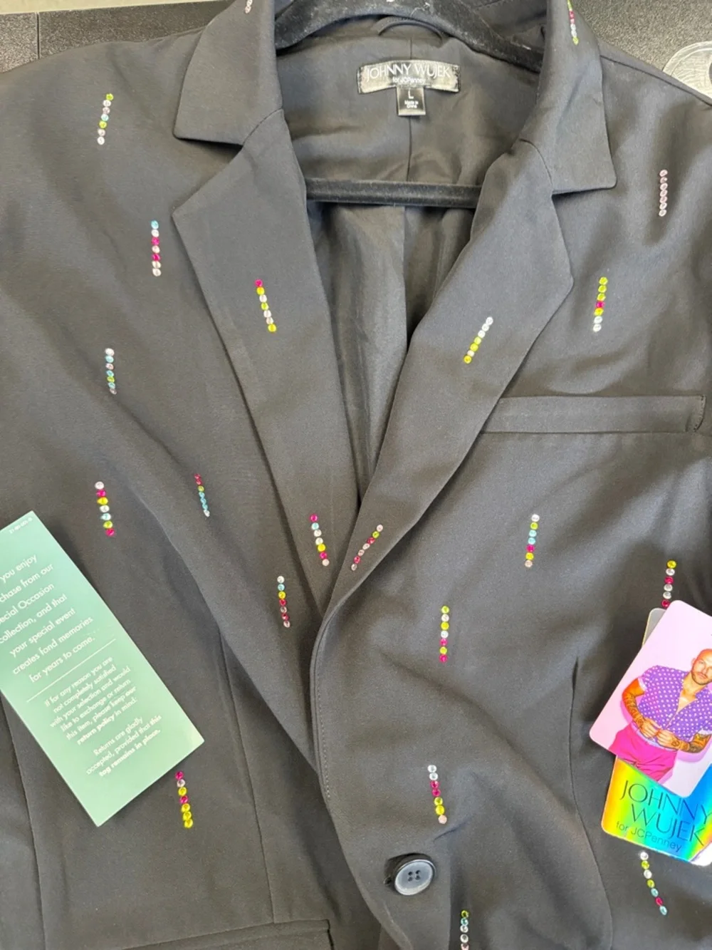 Black‎ Embroidered Notch Lapel Blazer with Multicolor Accents